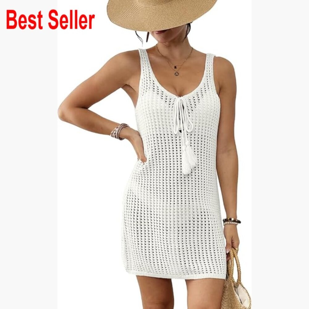 Crochet Hollow Out Backless Beach Cover Up Sleeveless 100% Acrylic